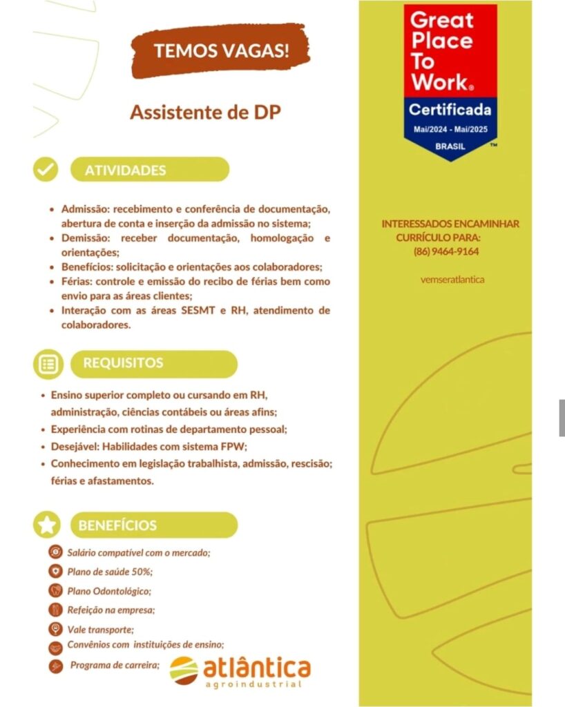 Vaga para Assistente de DP