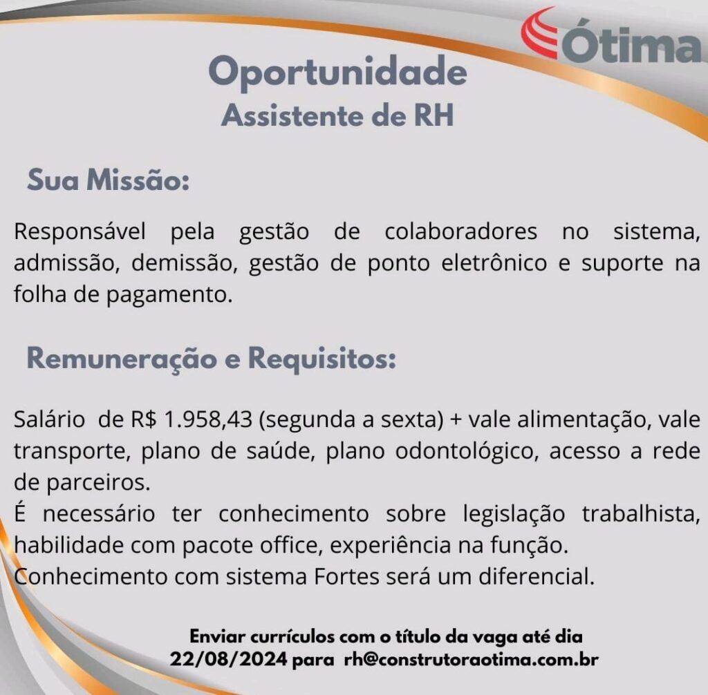 Vaga para Assistente de RH