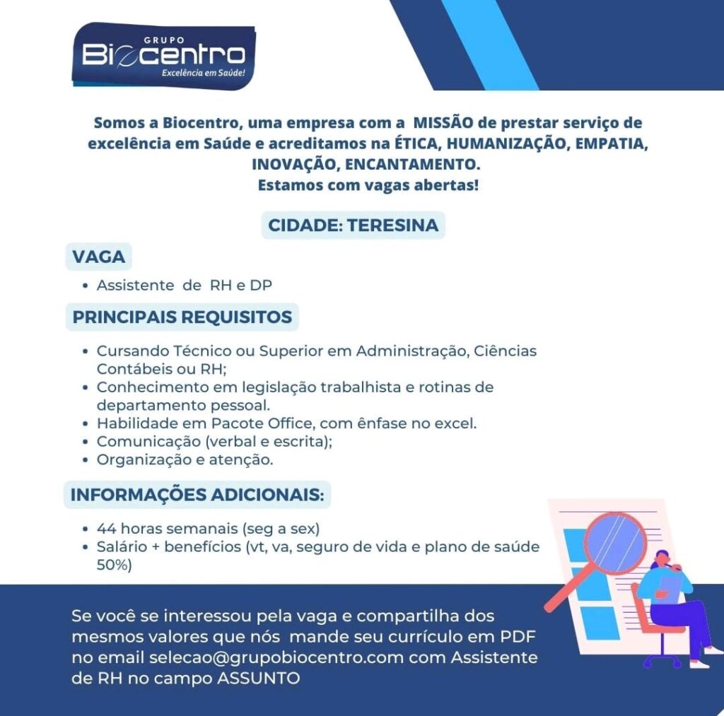 Vaga para Assistente de RH e DP