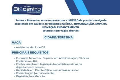 Vaga para Assistente de RH e DP