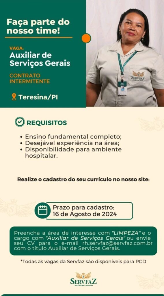 Vaga para Auxiliar de Serviços Gerais