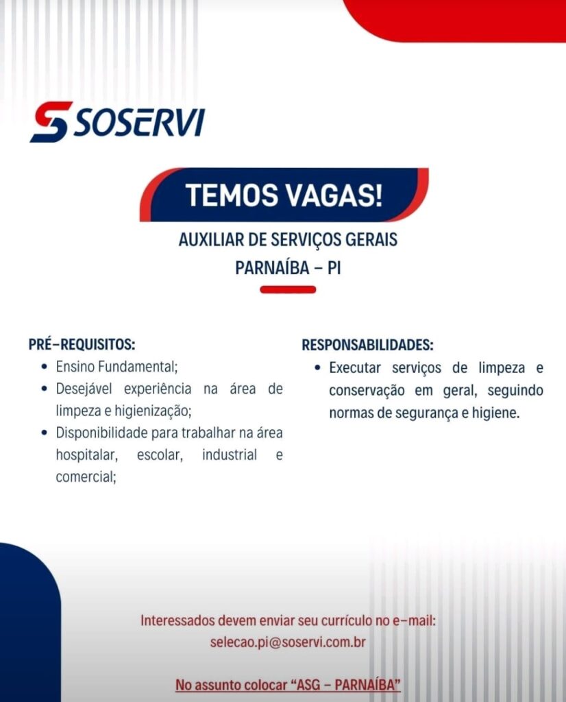 Vaga para Auxiliar de Serviços Gerias em Parnaíba