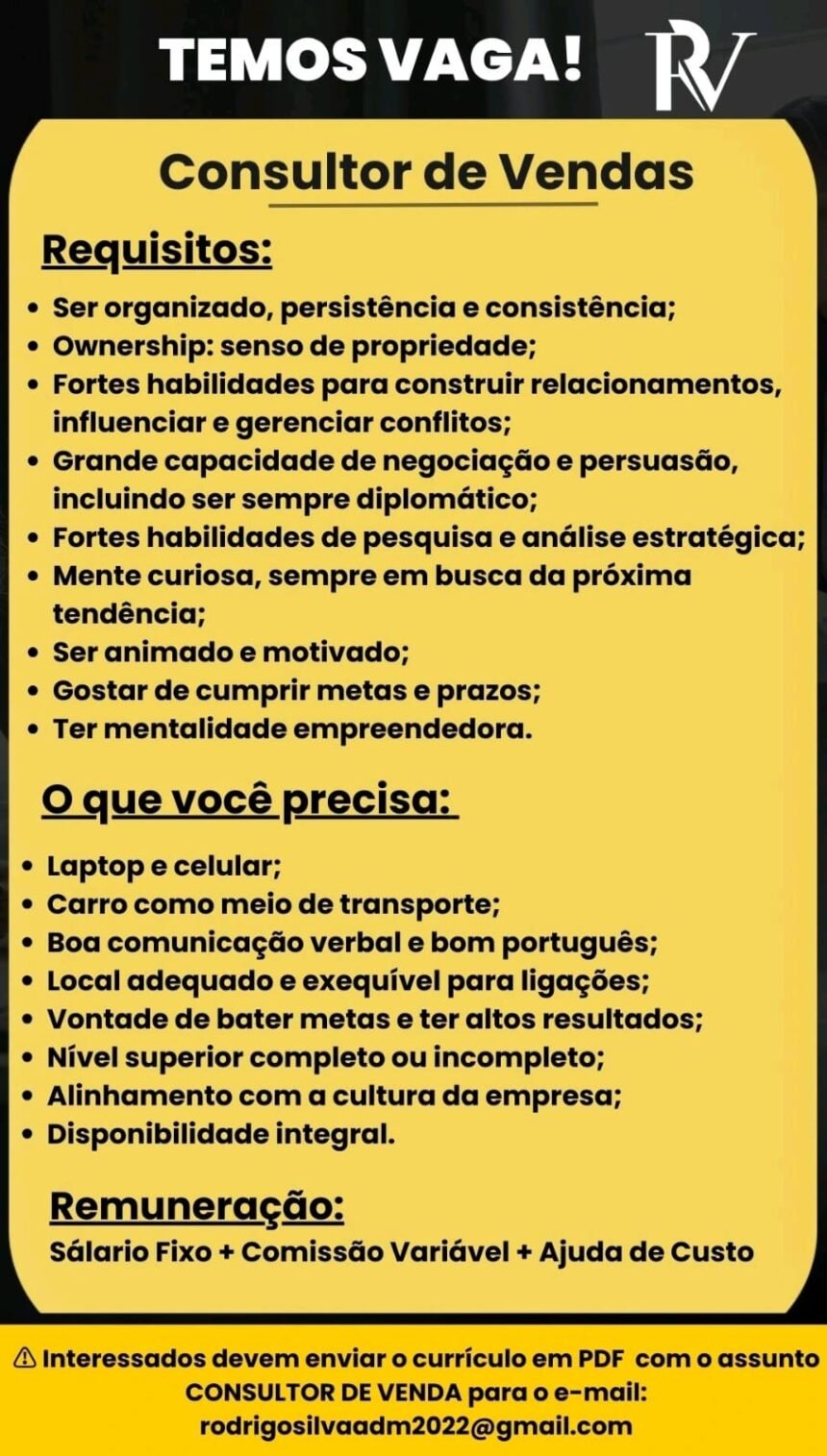 Vaga para Consultor de Vendas