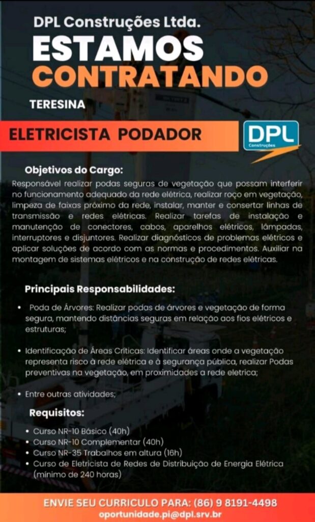 Vaga para Eletricista Podador