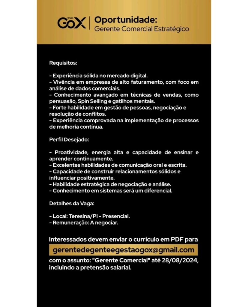 Vaga para Gerente Comercial