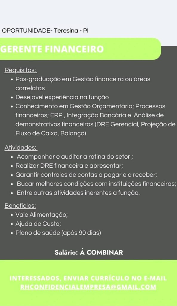 Vaga para Gerente Financeiro