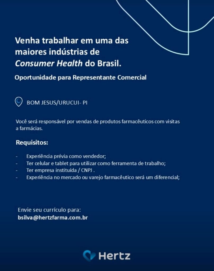 Vaga para Representante Comercial Bom Jesus/ Uruçuí