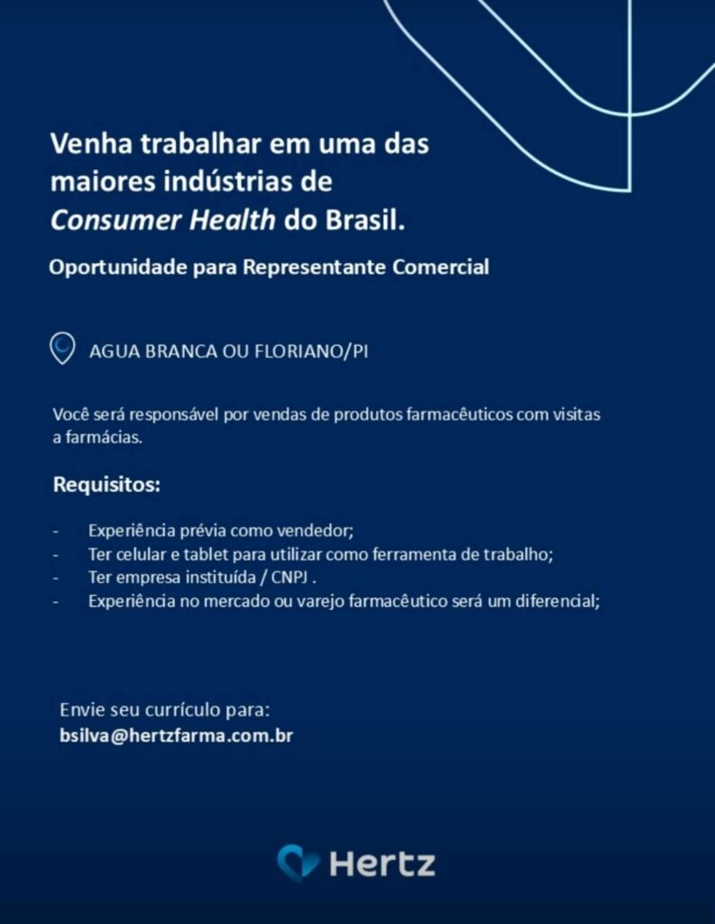 Vaga para Representante Comercial Floriano/ Água Branca