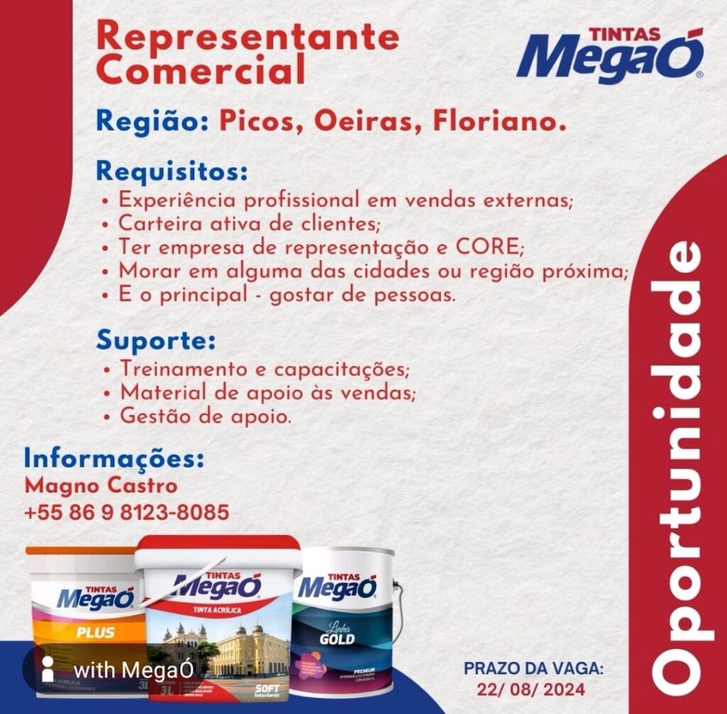 Vaga para Representante Comercial em Picos, Oeiras e Floriano