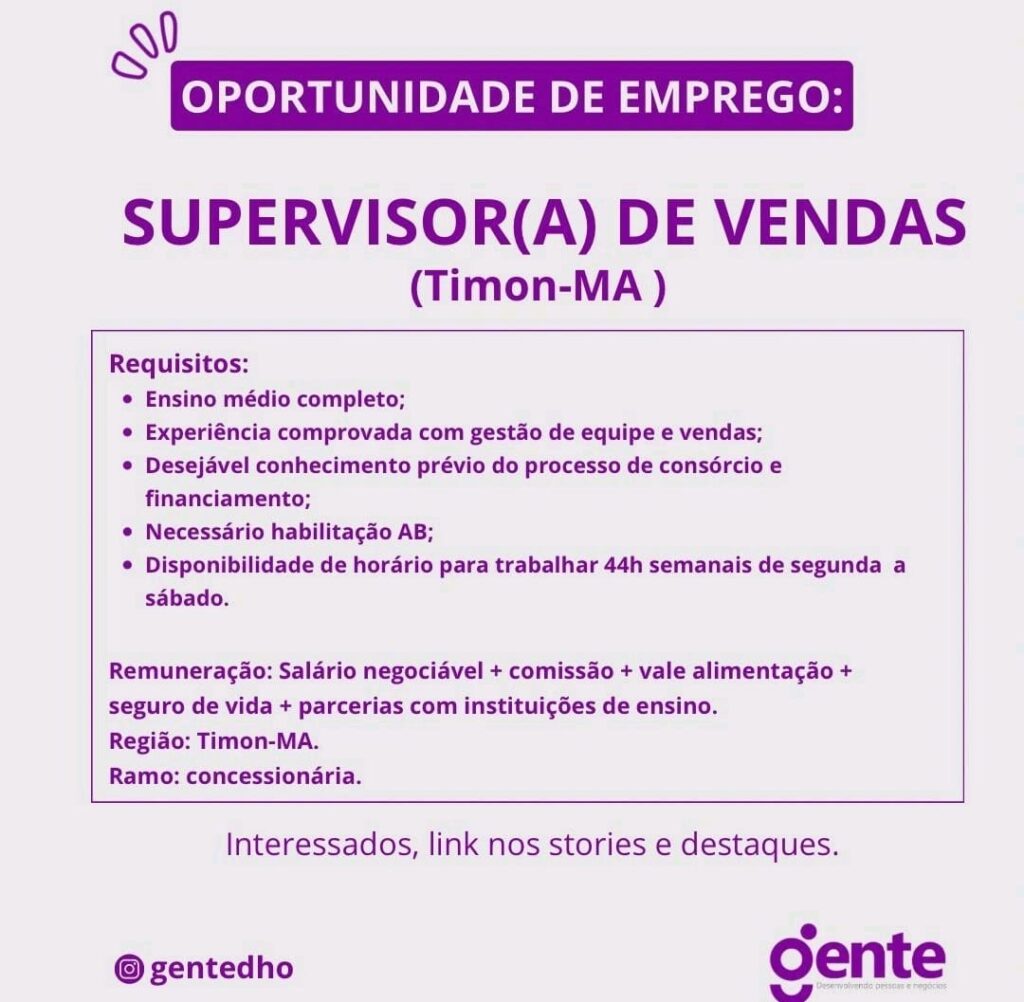 Vaga para Supervisor de Vendas em Timon