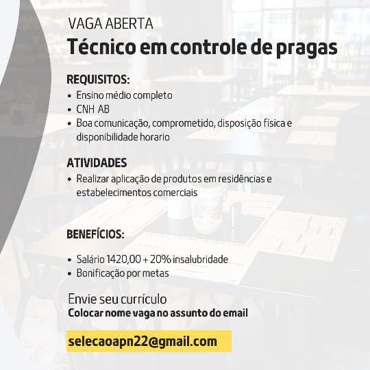 Vaga para Técnico em Controle de Pragas