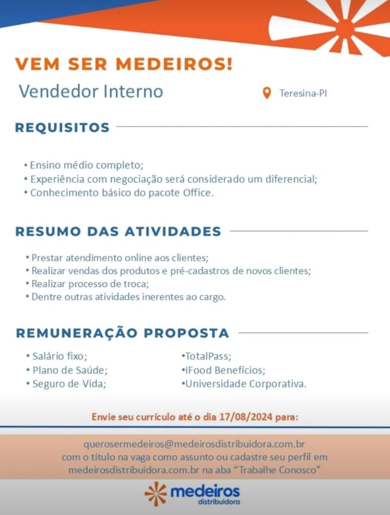 Vaga para Vendedor Interno