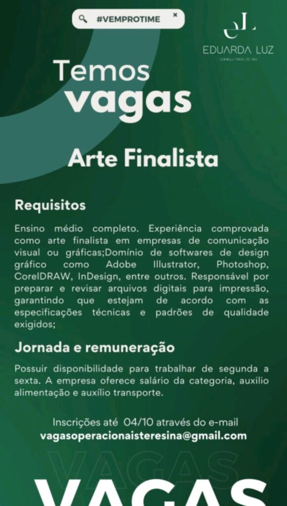 Vaga para Arte Finalista