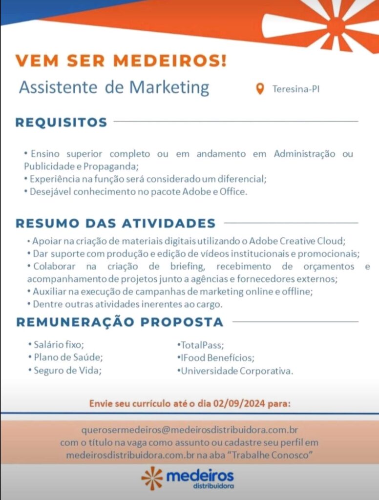 Vaga para Assistente de Marketing em Teresina