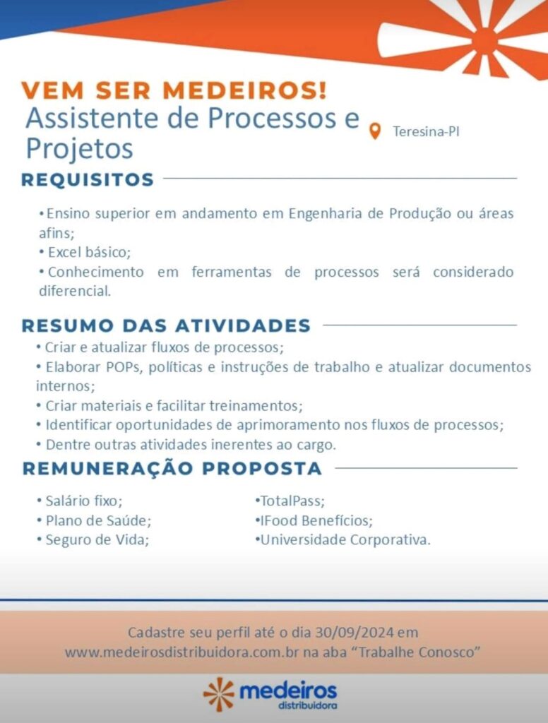 Vaga para Assistente de Processos e Projetos em Teresina