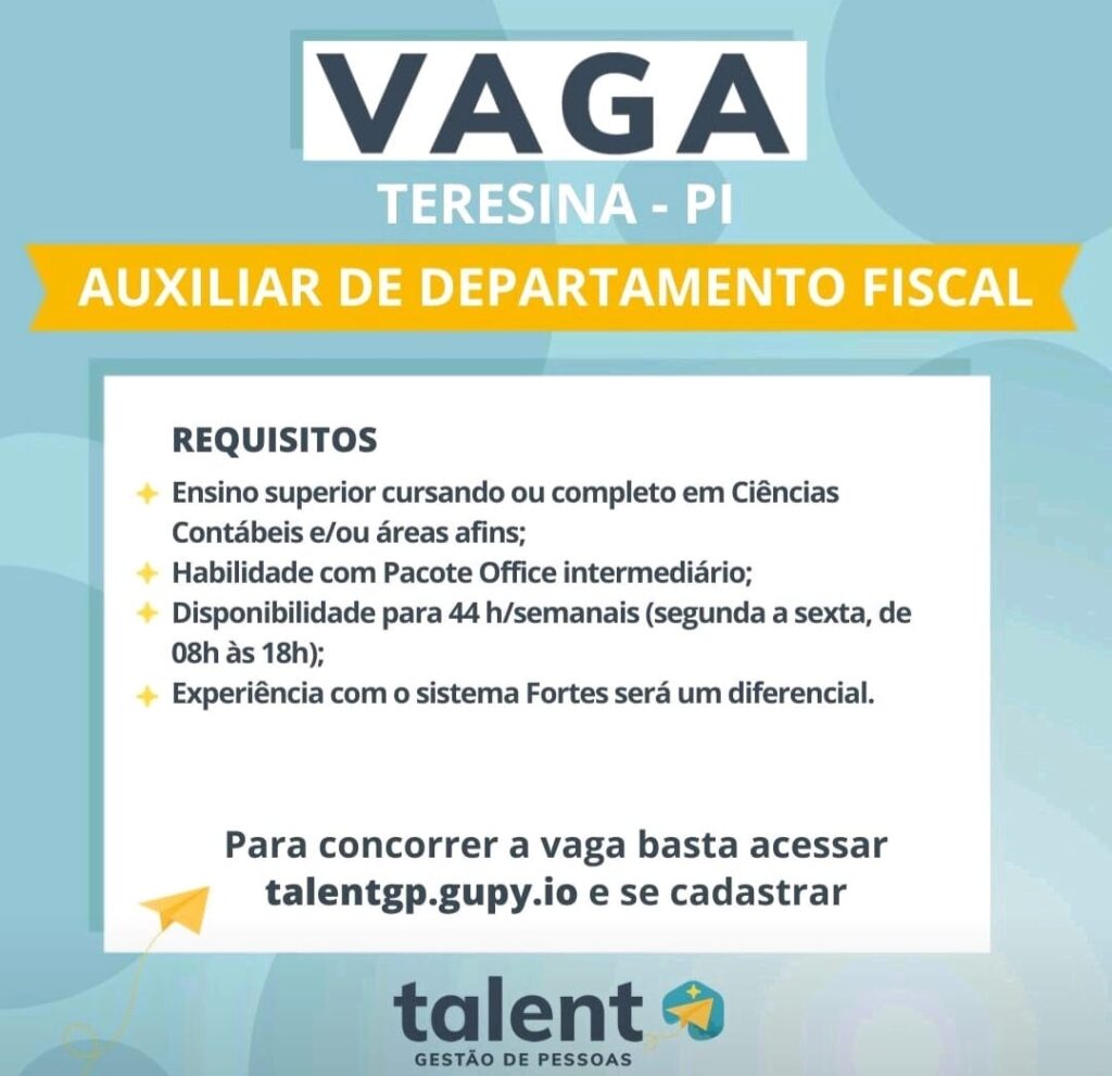 Vaga para Auxiliar de Departamento Fiscal