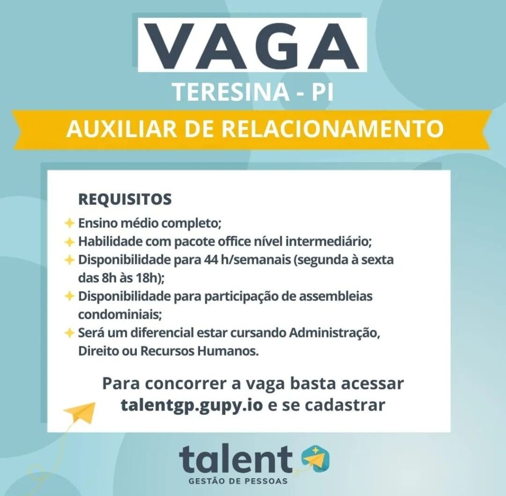 Vaga para Auxiliar de Relacionamento