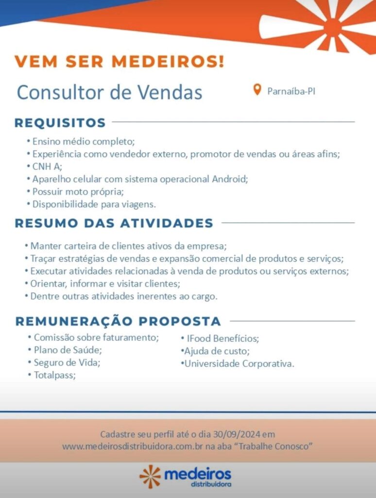 Vaga para Consultor de Vendas Parnaíba