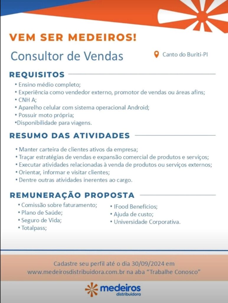 Vaga para Consultor de Vendas em Canto do Buriti 