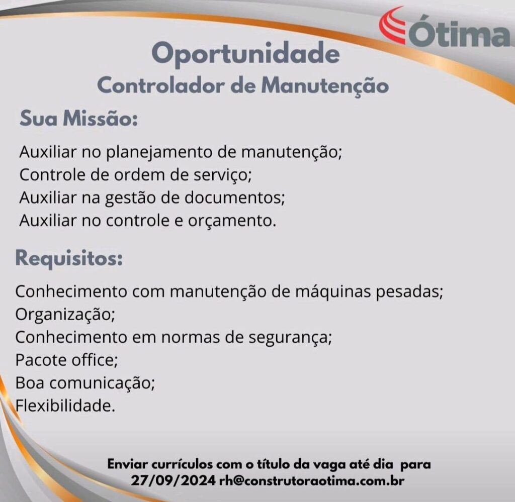 Vaga para Controlador de Manutenção em Teresina