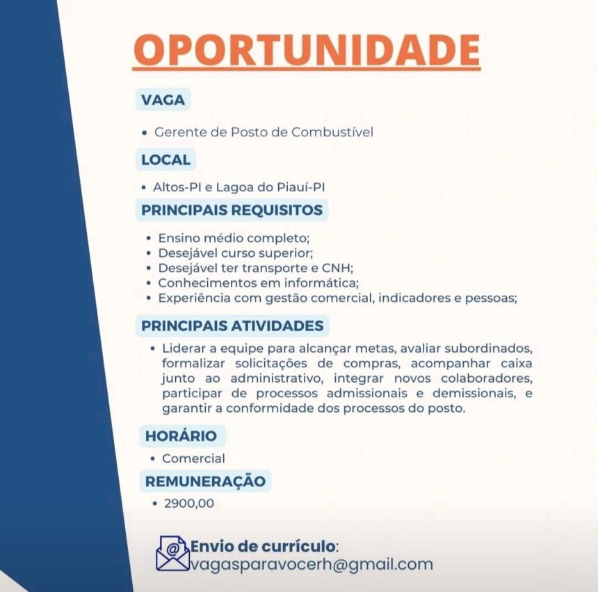 Vaga para Gerente de Posto de Combustível