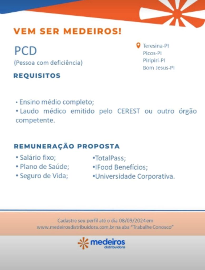 Vaga para PCD Teresina, Picos, Piripiri e Bom Jesus