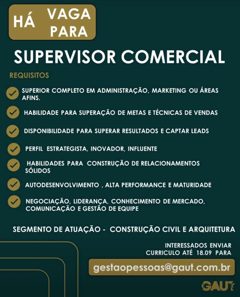 Vaga para Supervisor Comercial