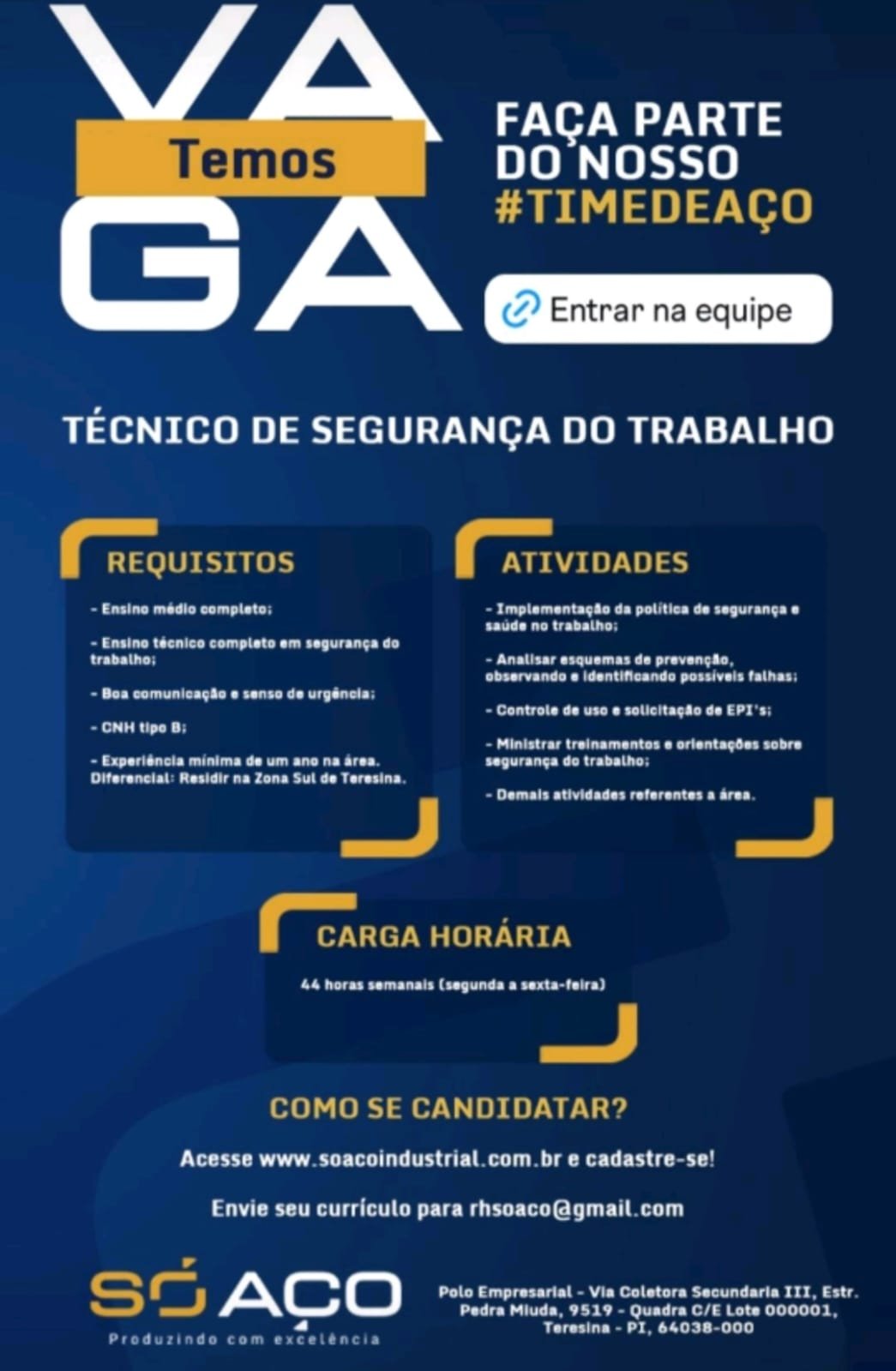 Vaga de emprego para Técnico de Segurança do Trabalho em Teresina
