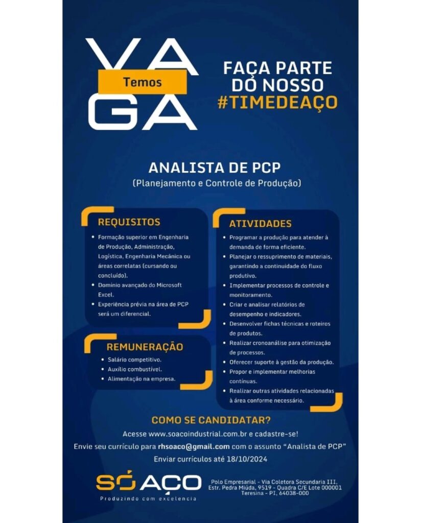 Vaga para Analista de PCP