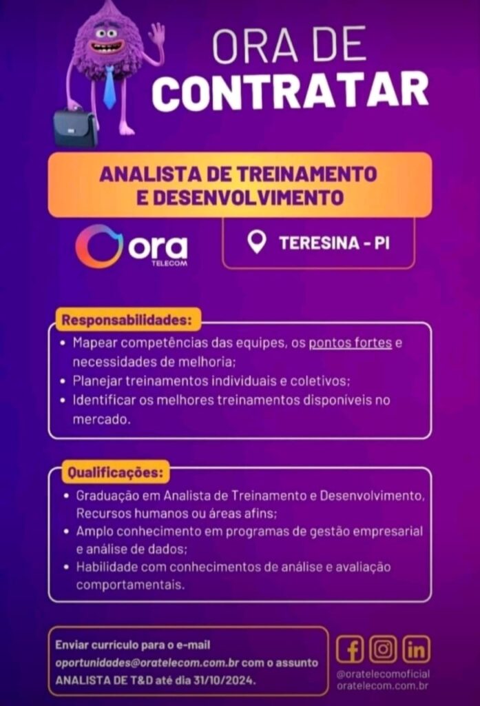 Vaga para Analista de Treinamento e Desenvolvimento