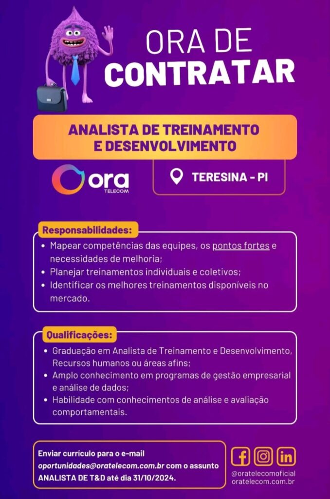 Vaga para Analista de Treinamento e Desenvolvimento