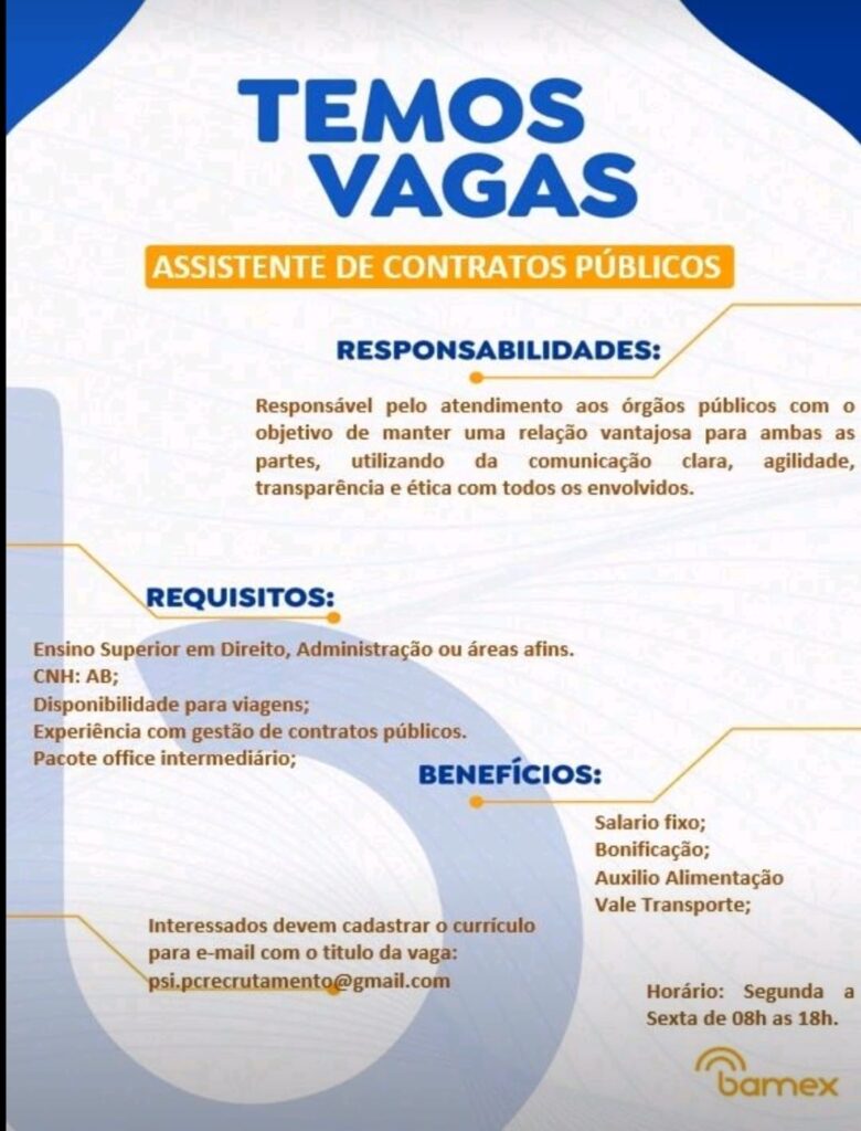 Vaga para Assistente de Contratos Públicos