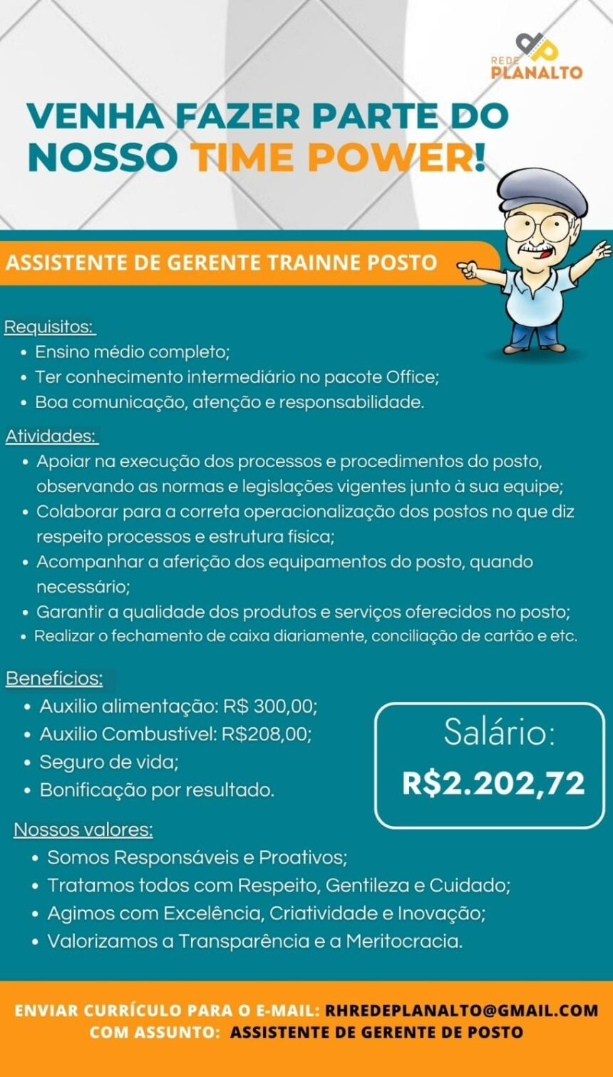 Vaga para Assistente de Gerente Trainne Posto