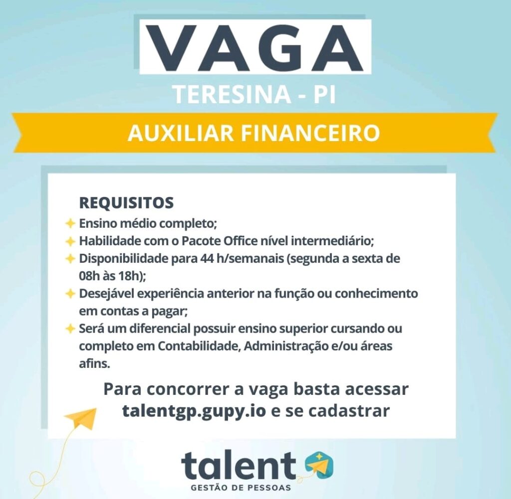 Vaga para Auxiliar Financeiro