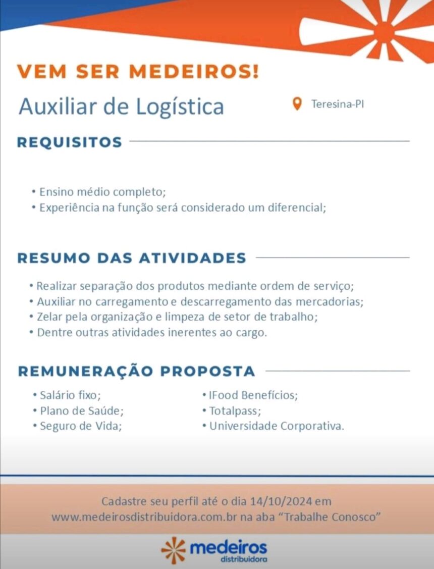 Vaga para Auxiliar de Logística