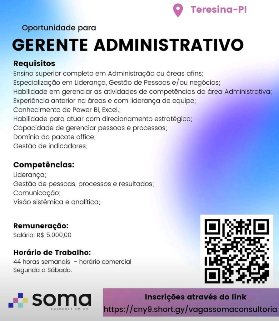 Vaga para Gerente Administrativo