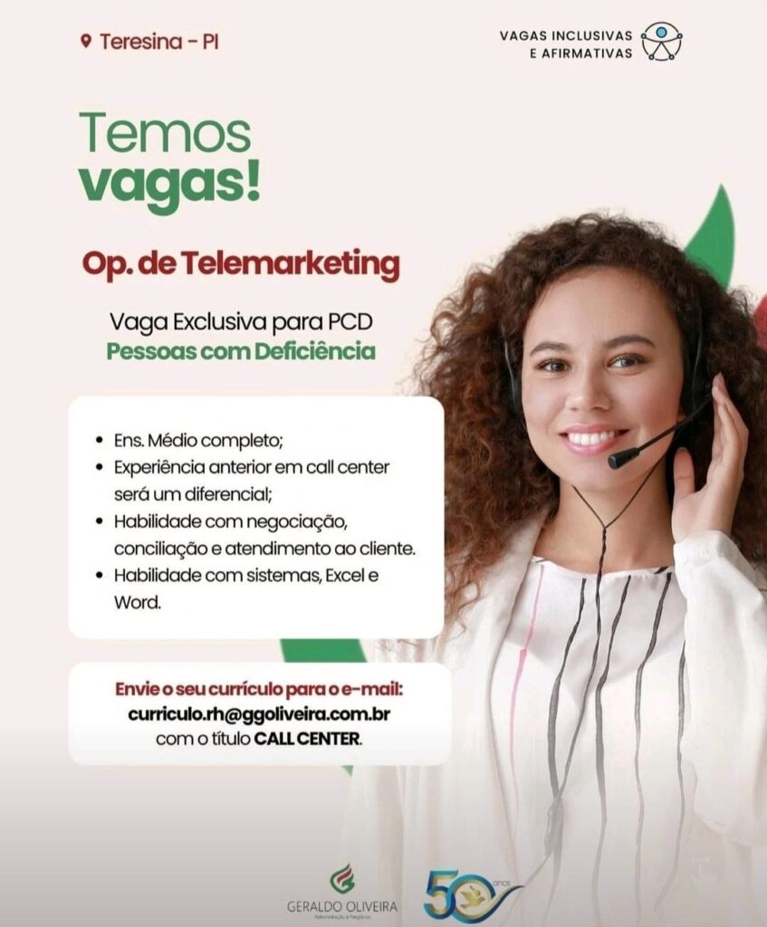 Vaga para Operador de Telemarketing (PCD)