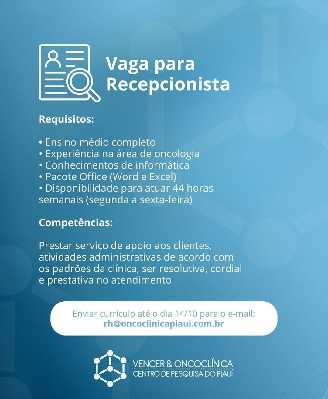 Vagas de emprego para Recepcionista e Assistente Financeiro em Teresina