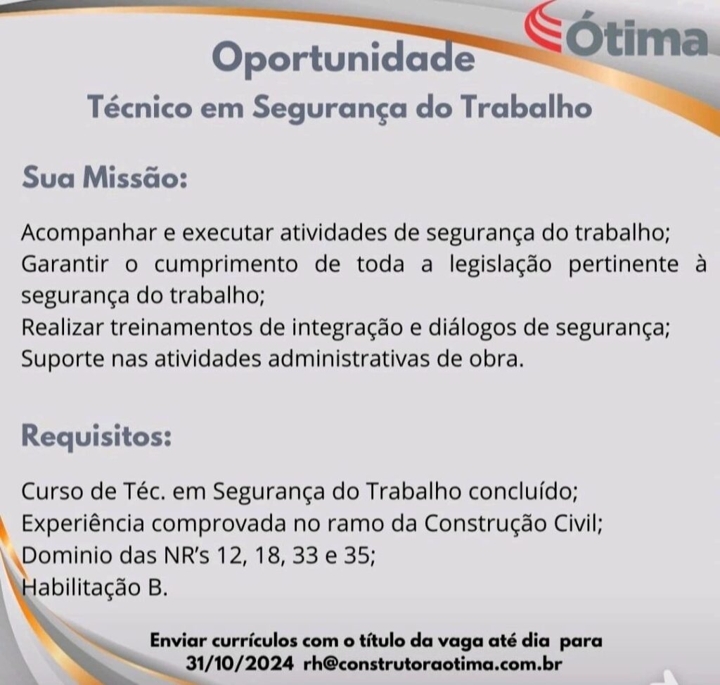 Vaga para Técnico em Segurança do Trabalho