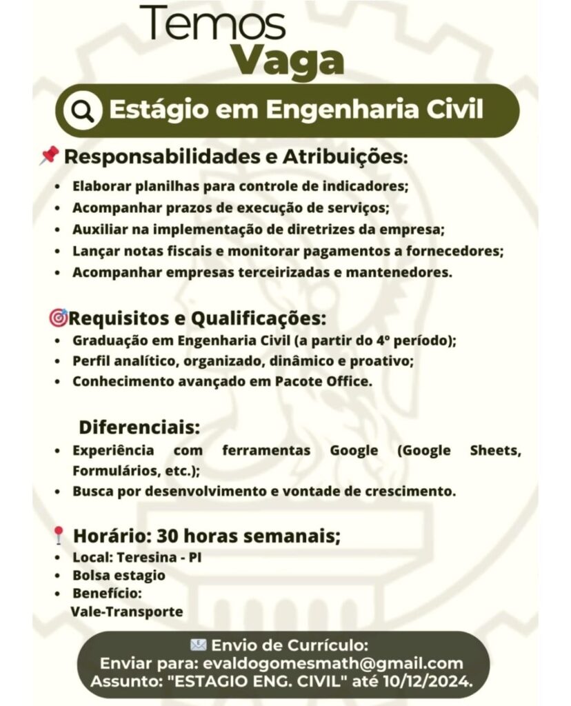 Vaga de Estágio para Engenharia Civil