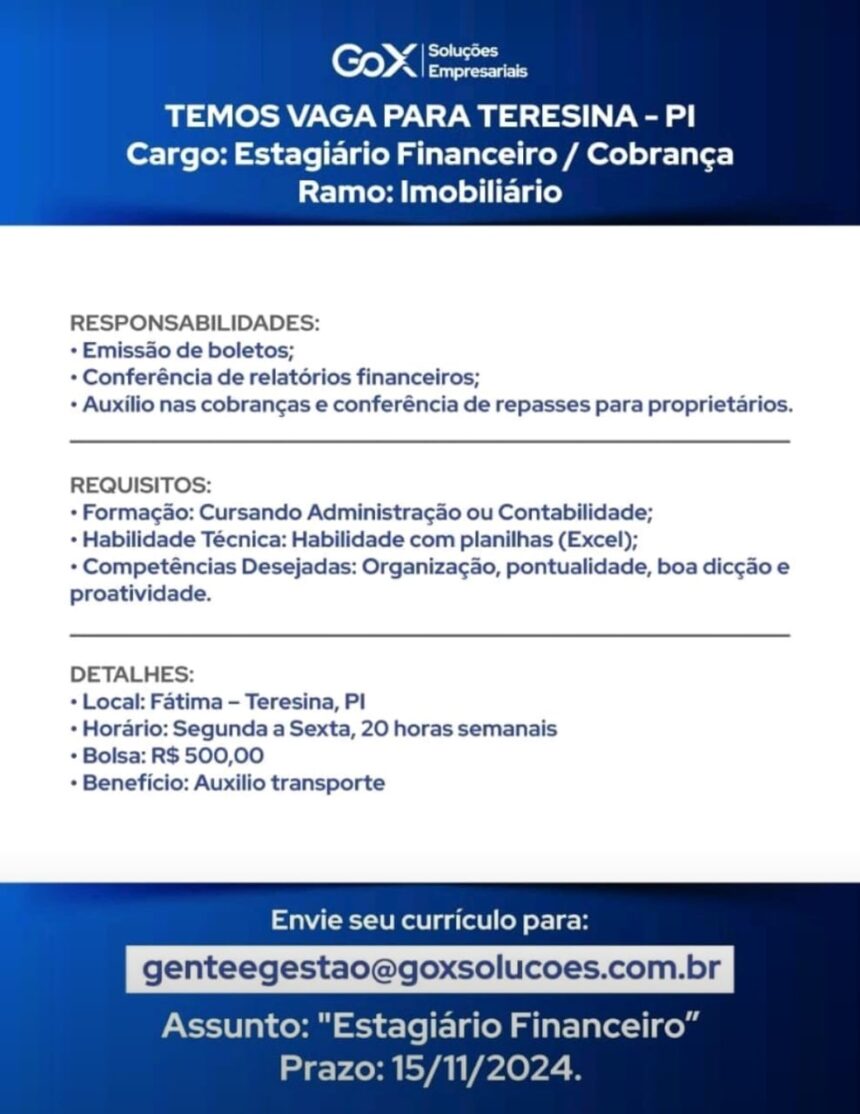 Vaga de Estágio para Financeiro/ Cobrança