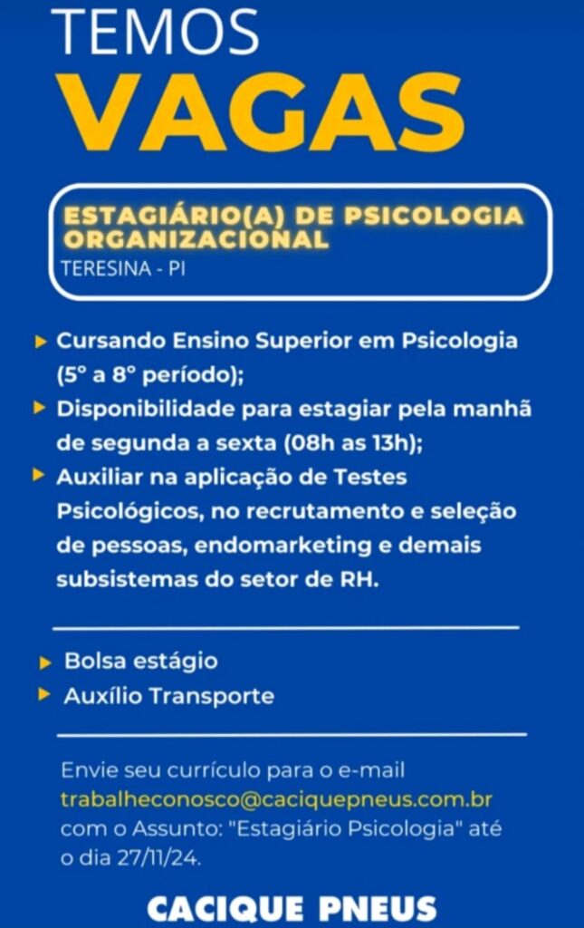 Vaga de Estágio para Psicologia Organizacional