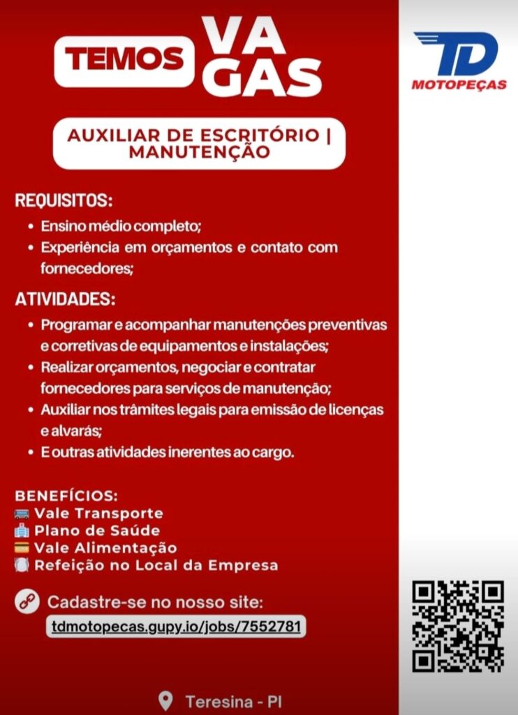 Vaga para Auxiliar de Escritório/ Manutenção