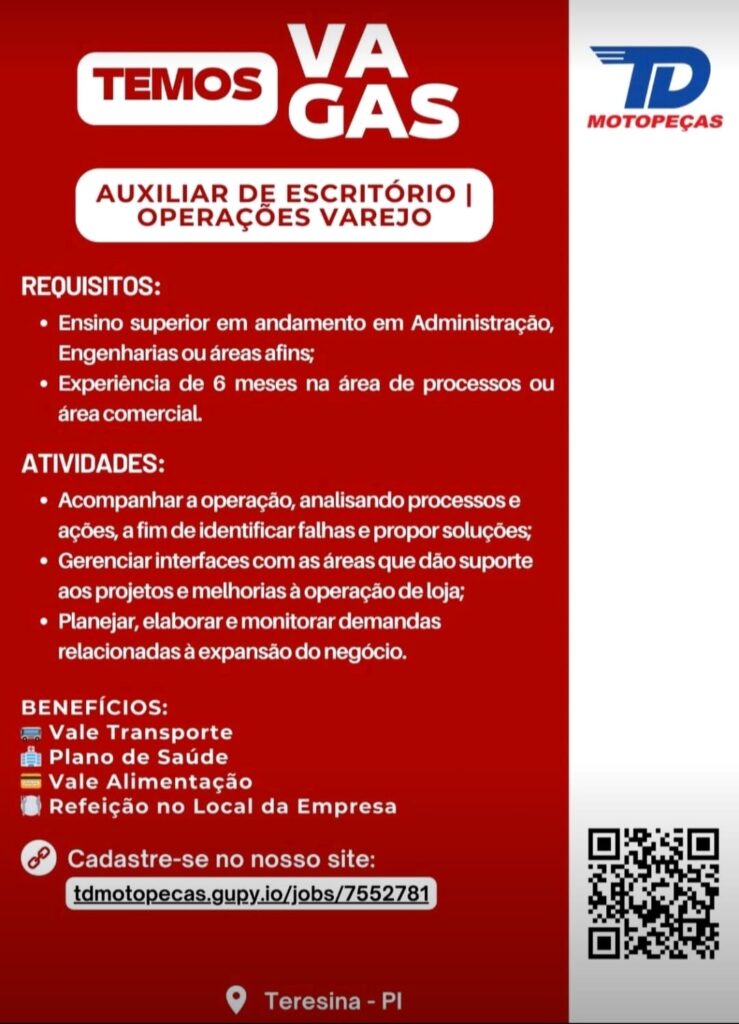 Vaga para Auxiliar de Escritório/ Operações Varejos