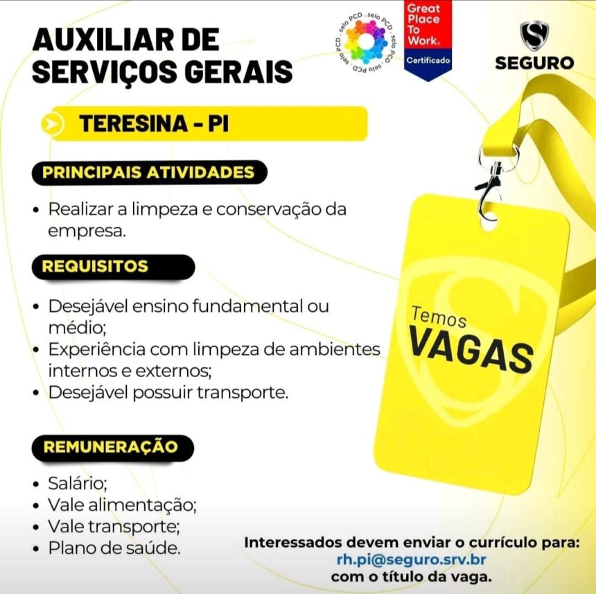 Vaga para Auxiliar de Serviços Gerais em Teresina