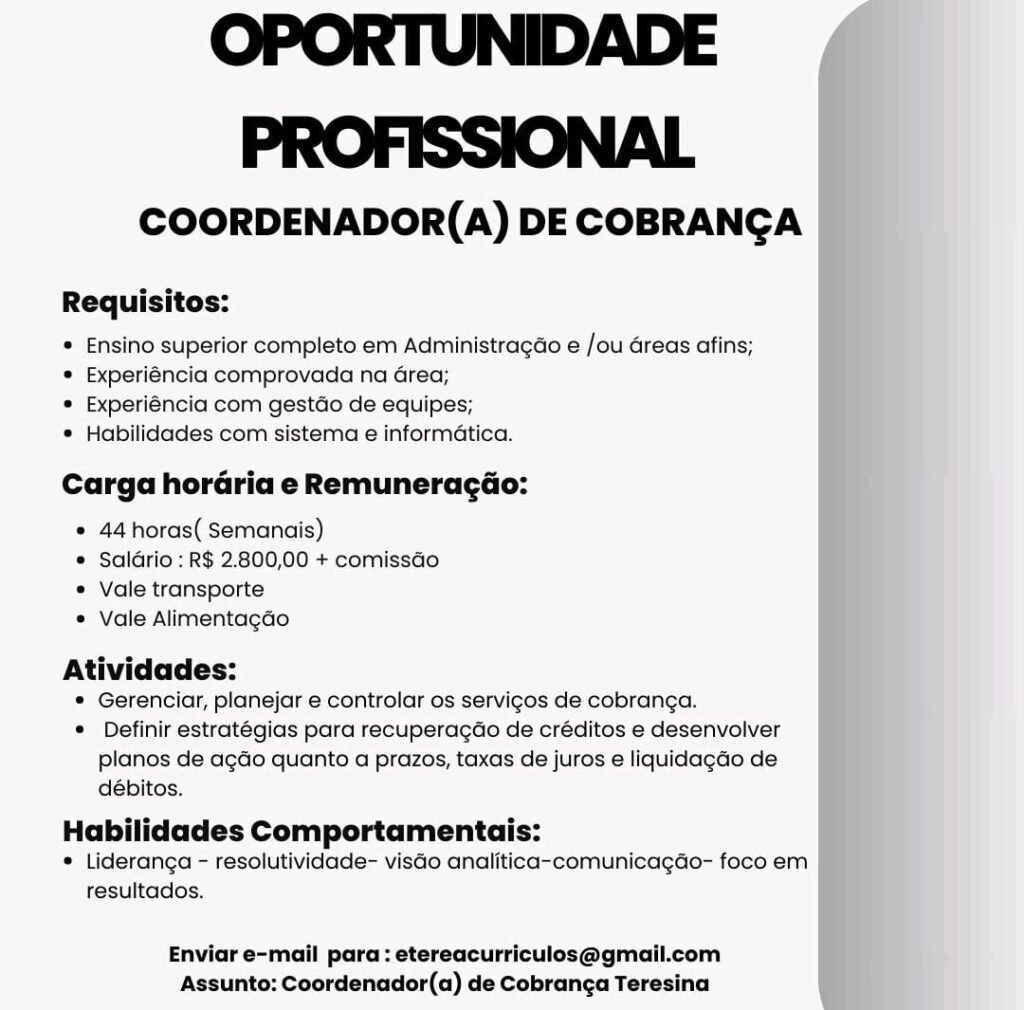 Vaga para Coordenador(a) de Cobrança