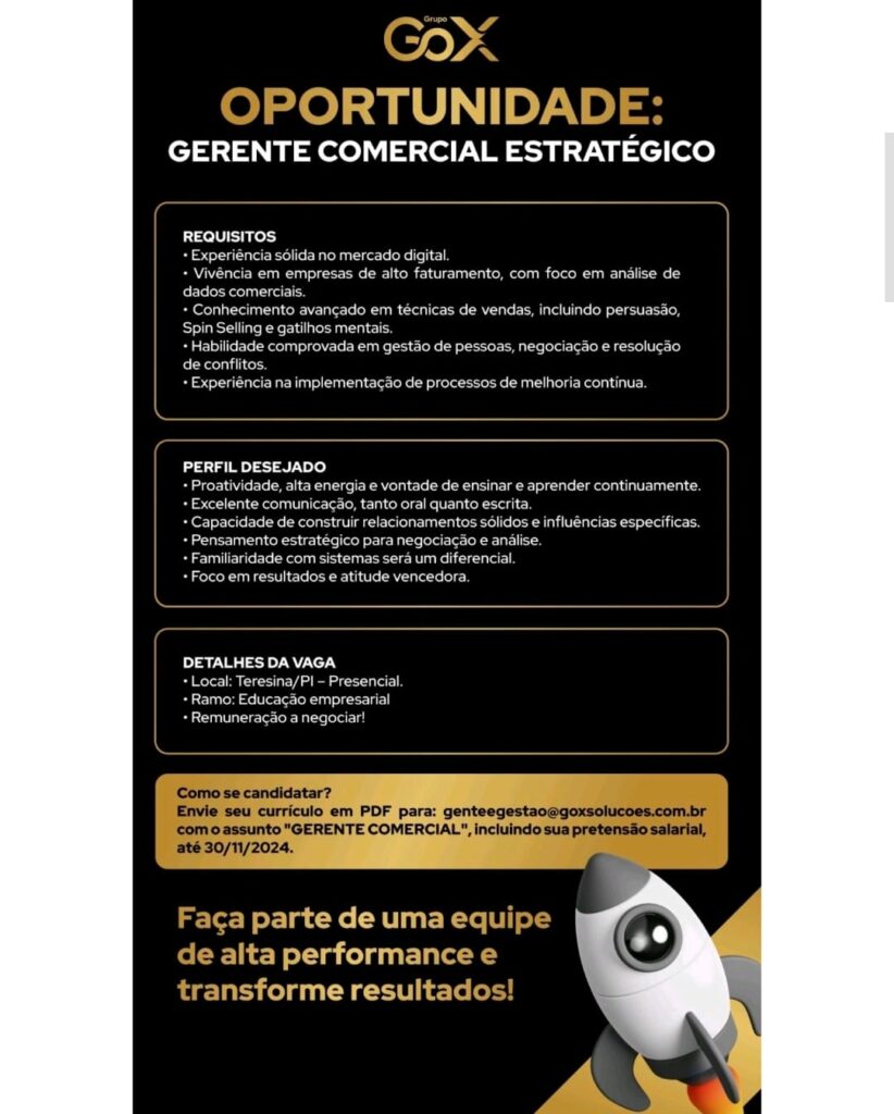 Vaga para Gerente Comercial Estratégico