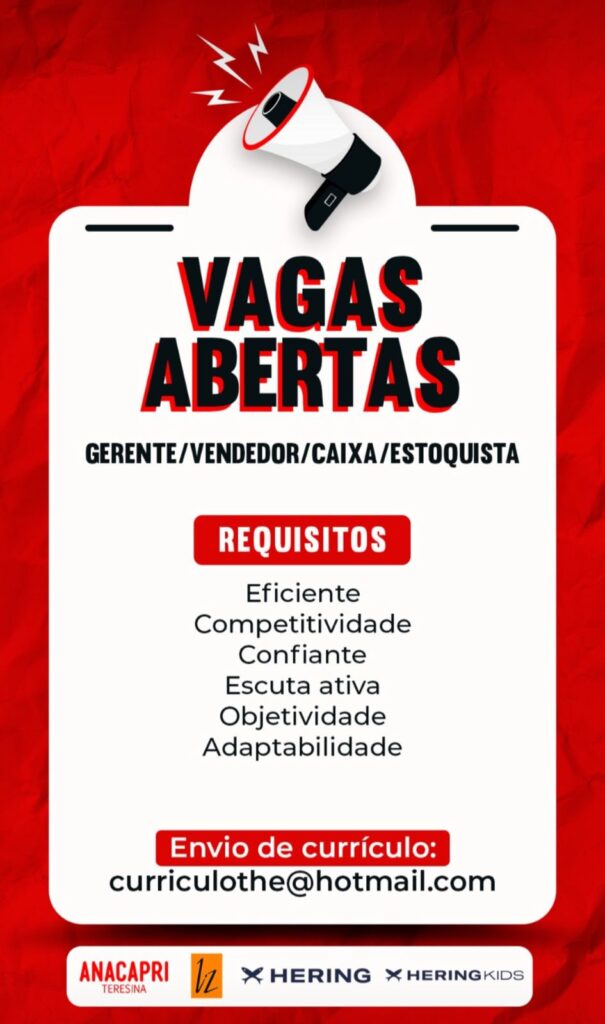 Vaga para Gerente/ Vendedor/ Caixa/ Estoquista