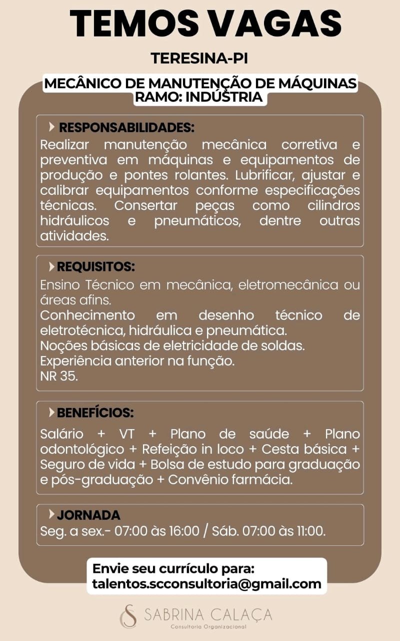 Vaga para Mecânico de Manutenção de Máquinas