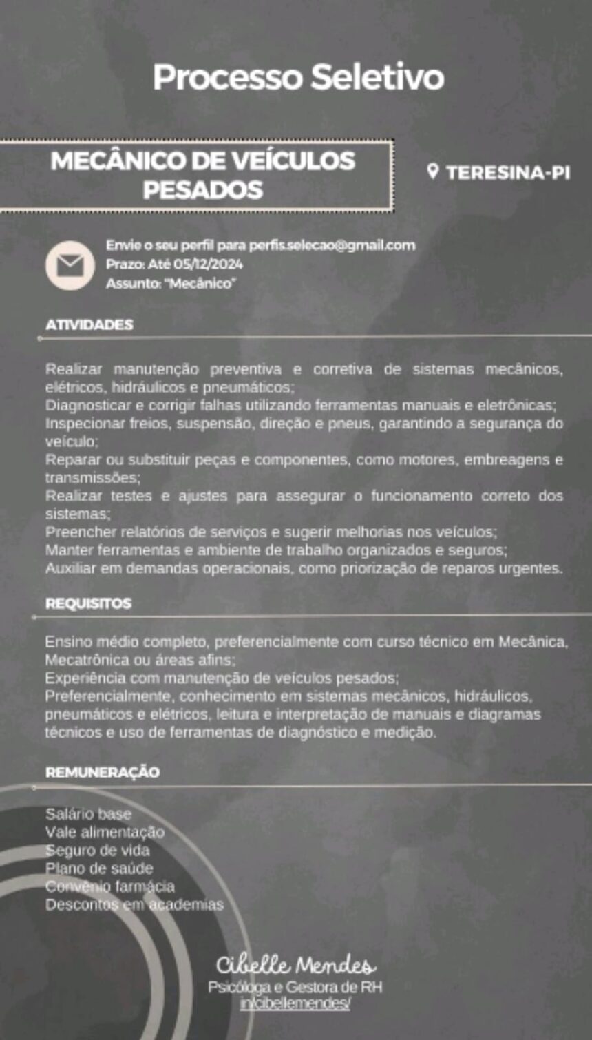 Vaga para Mecânico de Veículos Pesados em Teresina